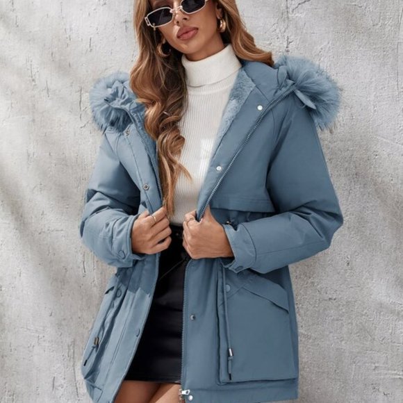 Blue cozy faux fur thermal hoodie jacket - Picture 6 of 7